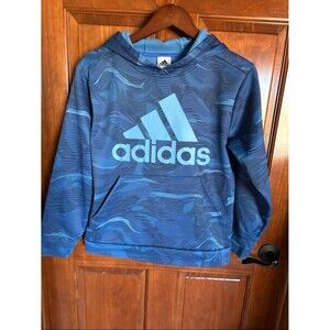 adidas Logo Performance Fleece Blue Patterned Hoodie-Boys L (14/16)